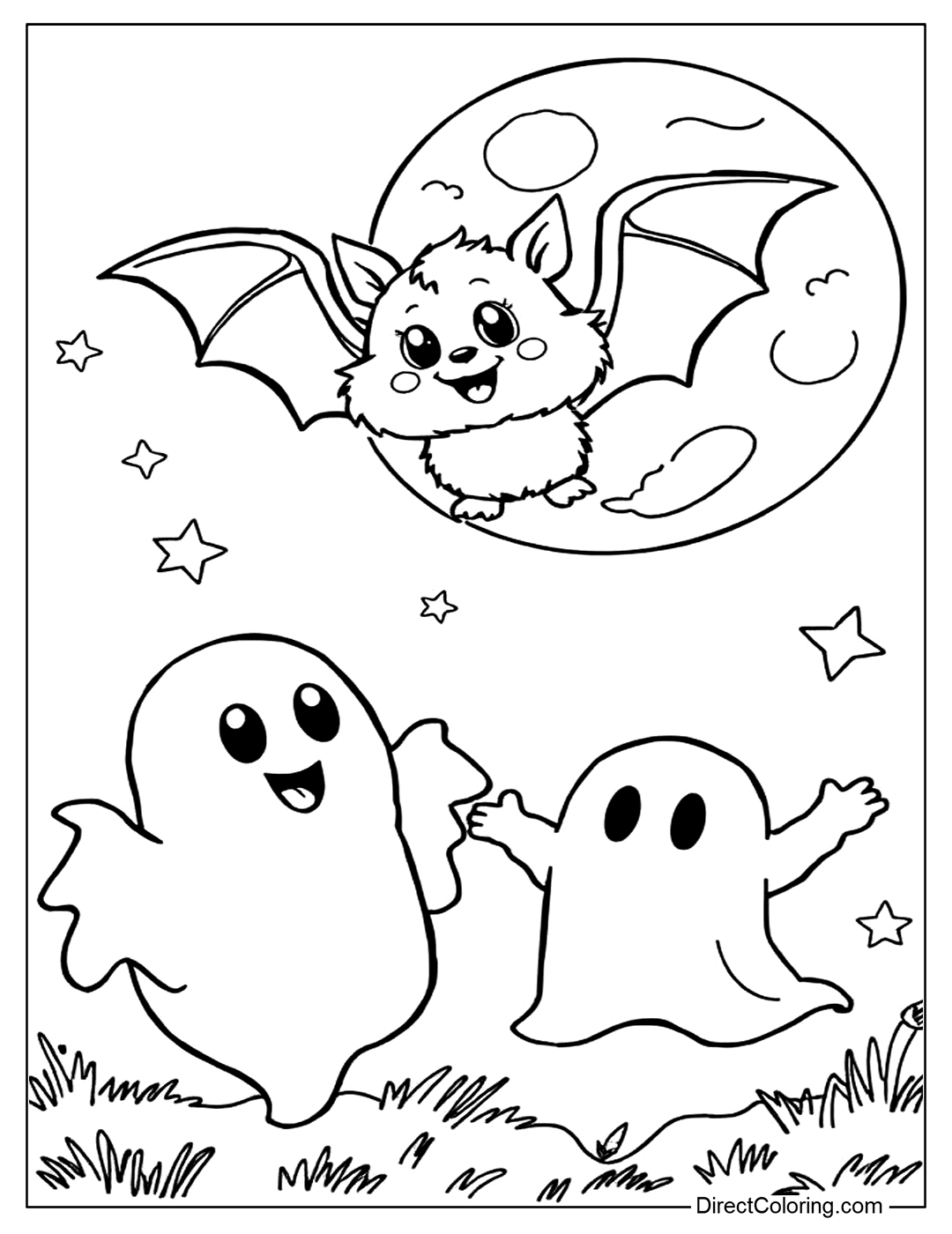 Bat with Ghosts Coloring Page